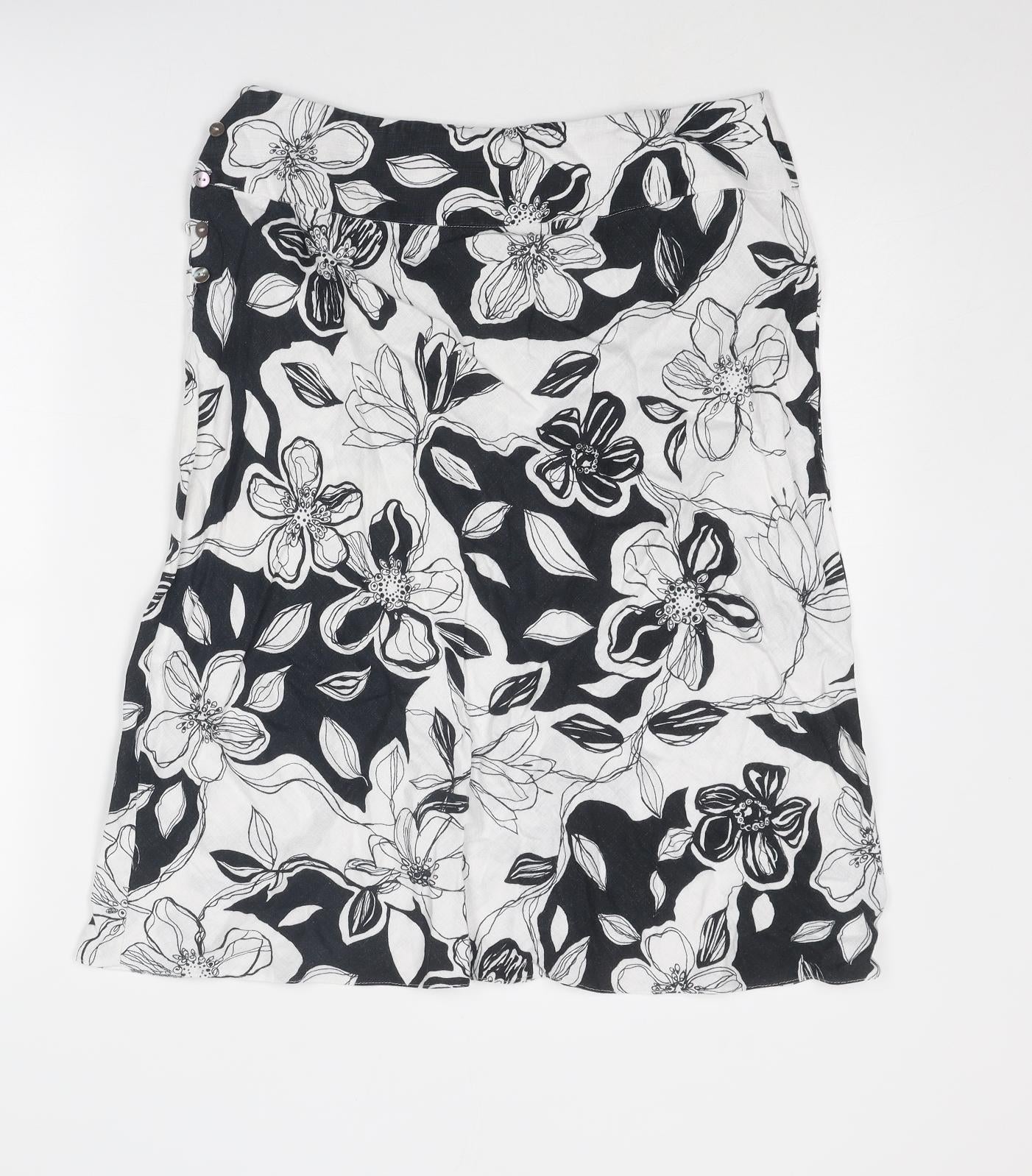 Marks and Spencer Womens White Floral Linen Swing Skirt Size 12 Button
