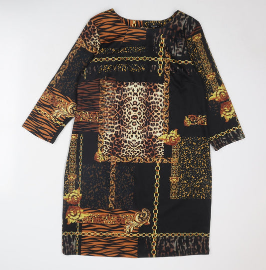 Roman Womens Black Geometric Polyester A-Line Size 14 Round Neck Button