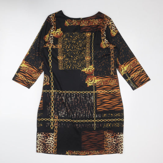 Roman Womens Black Geometric Polyester A-Line Size 14 Round Neck Button