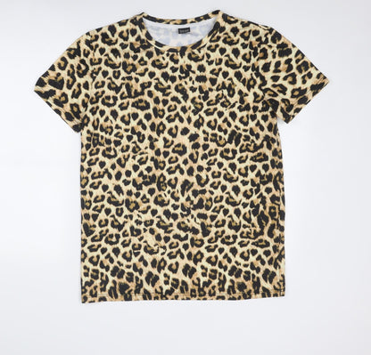 Funny World Womens Beige Animal Print Polyester Basic T-Shirt Size XL Round Neck - Leopard Print