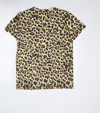 Funny World Womens Beige Animal Print Polyester Basic T-Shirt Size XL Round Neck - Leopard Print