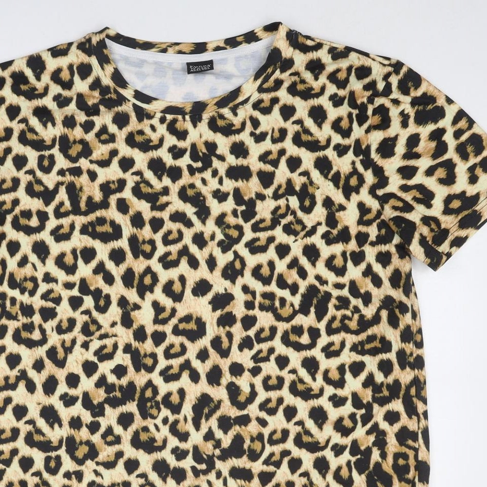 Funny World Womens Beige Animal Print Polyester Basic T-Shirt Size XL Round Neck - Leopard Print