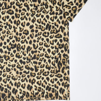 Funny World Womens Beige Animal Print Polyester Basic T-Shirt Size XL Round Neck - Leopard Print