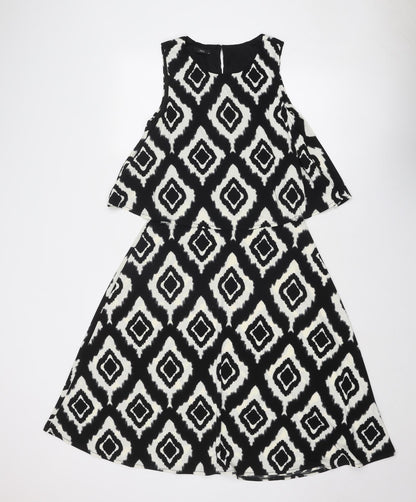 M&Co Womens Black Geometric Polyester Trapeze & Swing Size 12 Round Neck Button