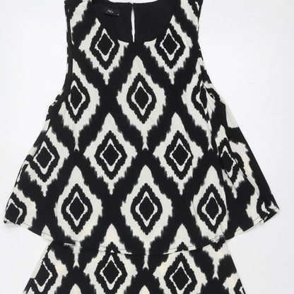 M&Co Womens Black Geometric Polyester Trapeze & Swing Size 12 Round Neck Button