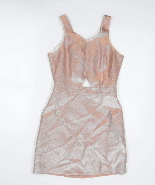 Miss Selfridge Womens Silver Viscose Slip Dress Size 8 V-Neck Zip