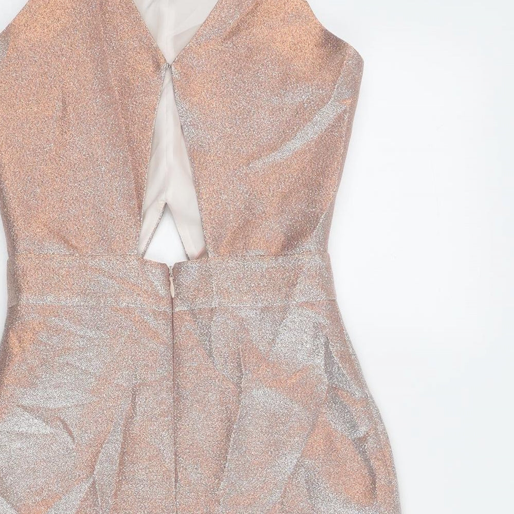 Miss Selfridge Womens Silver Viscose Slip Dress Size 8 V-Neck Zip