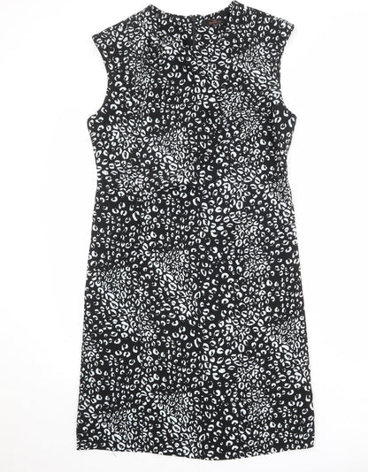 NEXT Womens Black Animal Print Polyester Sheath Size 14 Round Neck Zip - Leopard Print