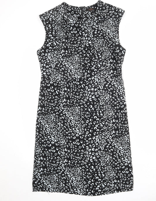 NEXT Womens Black Animal Print Polyester Sheath Size 14 Round Neck Zip - Leopard Print