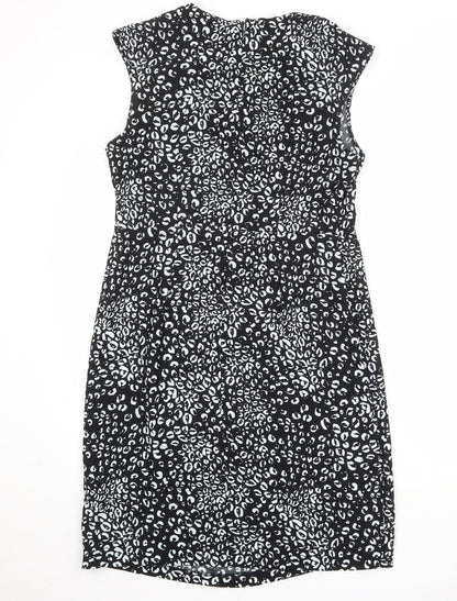 NEXT Womens Black Animal Print Polyester Sheath Size 14 Round Neck Zip - Leopard Print