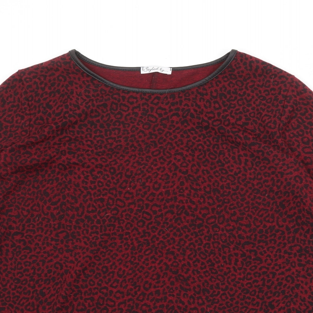 Styled By Womens Red Animal Print Polyester A-Line Size L Round Neck Pullover - Leopard Print