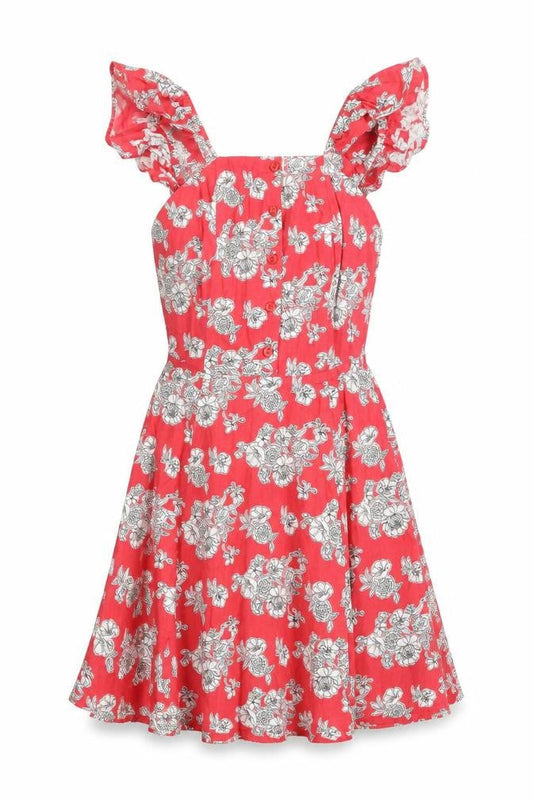 Front view of ASOS women’s pink floral 100% cotton a-line, size UK 6, round neck button