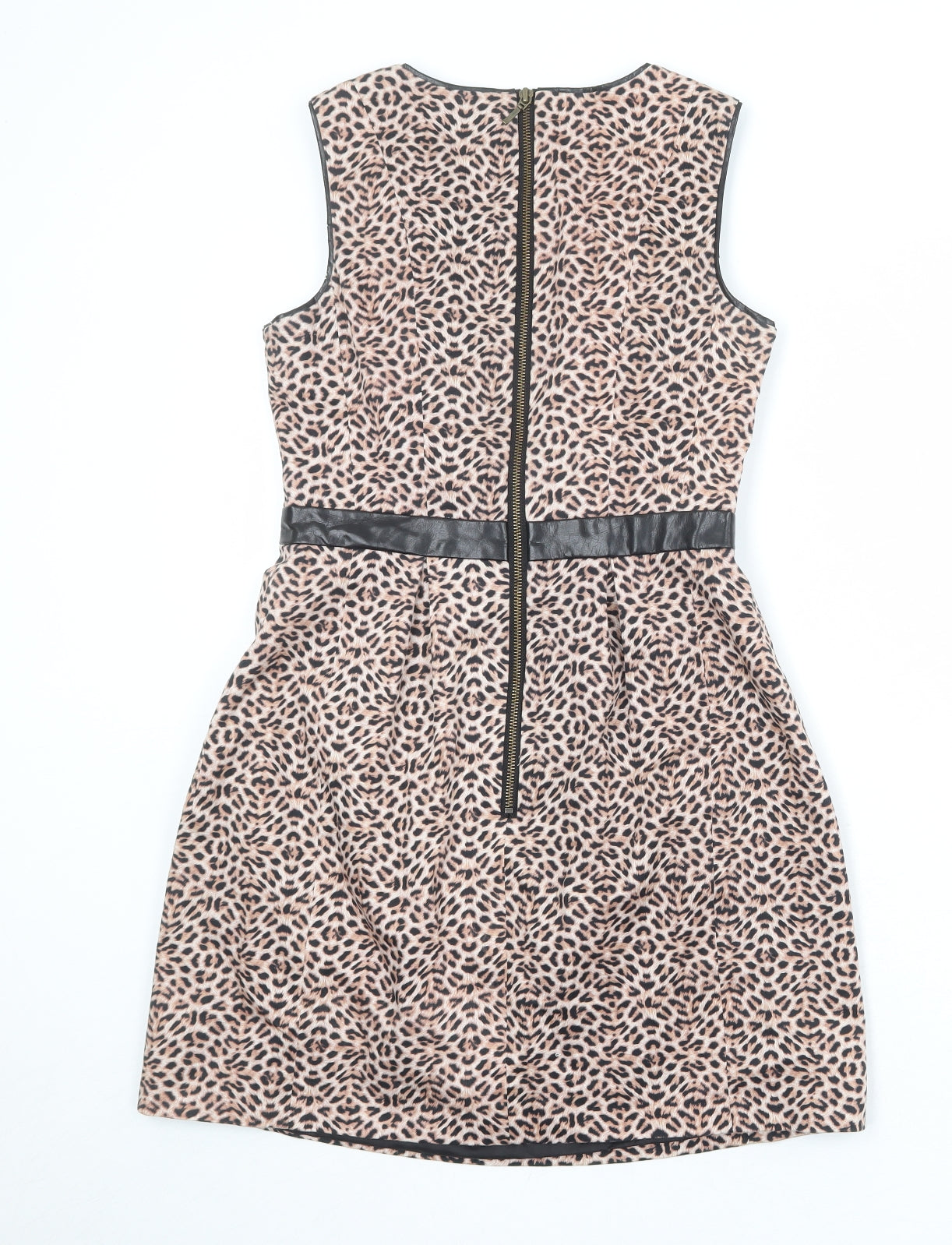 Warehouse Womens Beige Animal Print Cotton A-Line Size 10 Round Neck Zip - Leopard Print