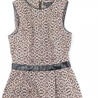 Warehouse Womens Beige Animal Print Cotton A-Line Size 10 Round Neck Zip - Leopard Print