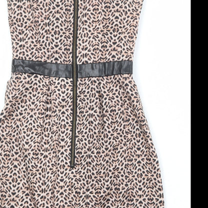 Warehouse Womens Beige Animal Print Cotton A-Line Size 10 Round Neck Zip - Leopard Print