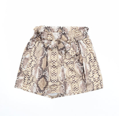 PRETTYLITTLETHING Womens Brown Animal Print Polyester Basic Shorts Size 6 Regular Pull On - Snake Print