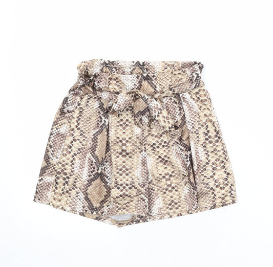 PRETTYLITTLETHING Womens Brown Animal Print Polyester Basic Shorts Size 6 Regular Pull On - Snake Print