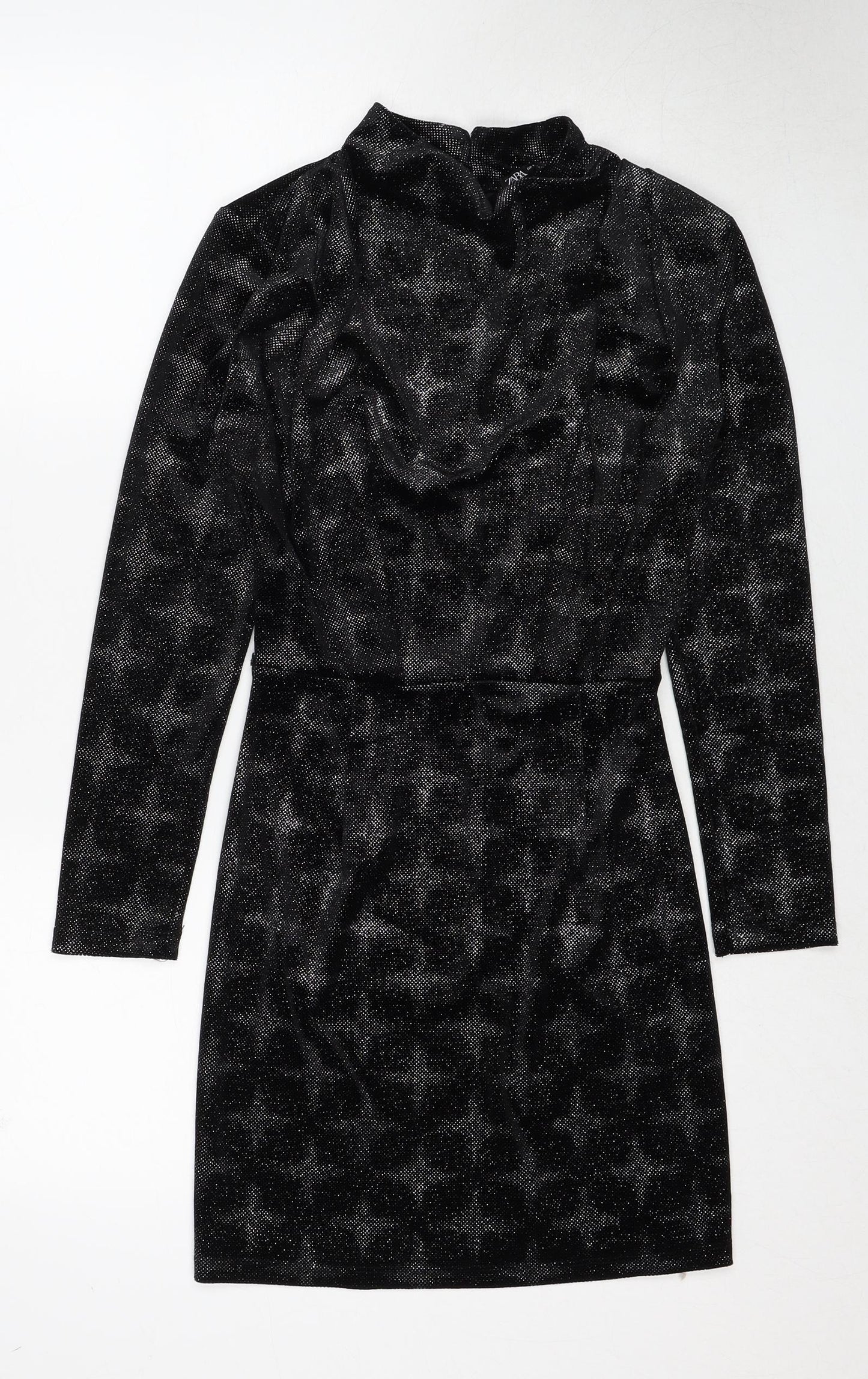 Zara Womens Black Geometric Polyester Shift Size S Mock Neck Button