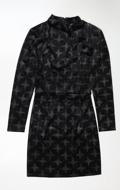 Zara Womens Black Geometric Polyester Shift Size S Mock Neck Button