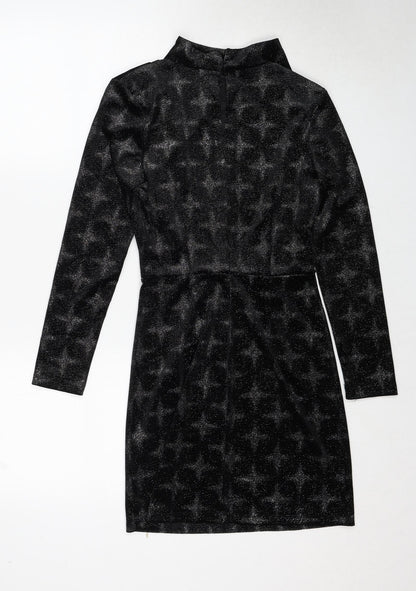 Zara Womens Black Geometric Polyester Shift Size S Mock Neck Button