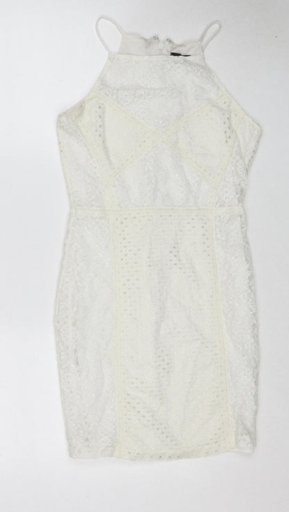 Topshop Womens White Geometric Polyamide Slip Dress Size 8 Square Neck Zip