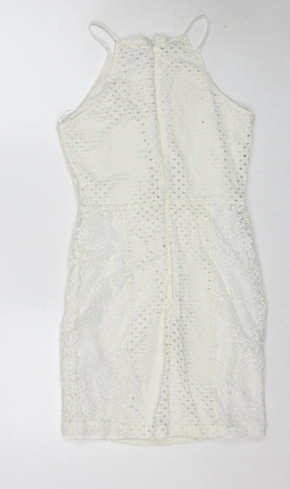 Topshop Womens White Geometric Polyamide Slip Dress Size 8 Square Neck Zip