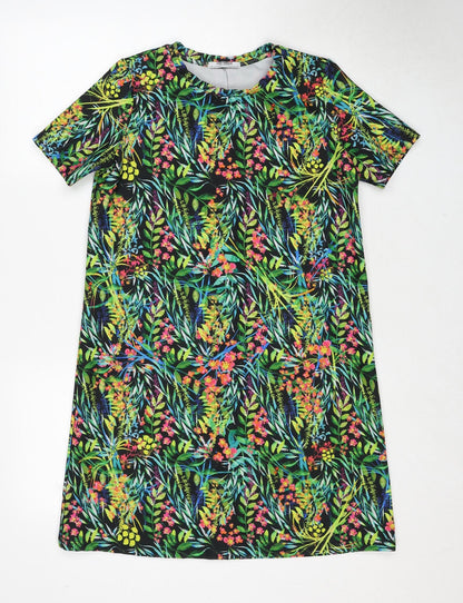 Zara Womens Green Floral Polyester T-Shirt Dress Size S Round Neck Pullover