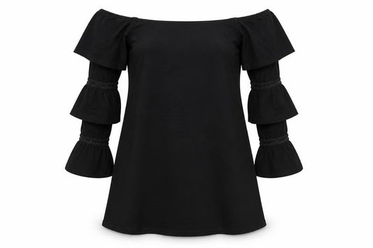 Front view of ASOS women’s black viscose a-line, size UK 8, off the shoulder pullover