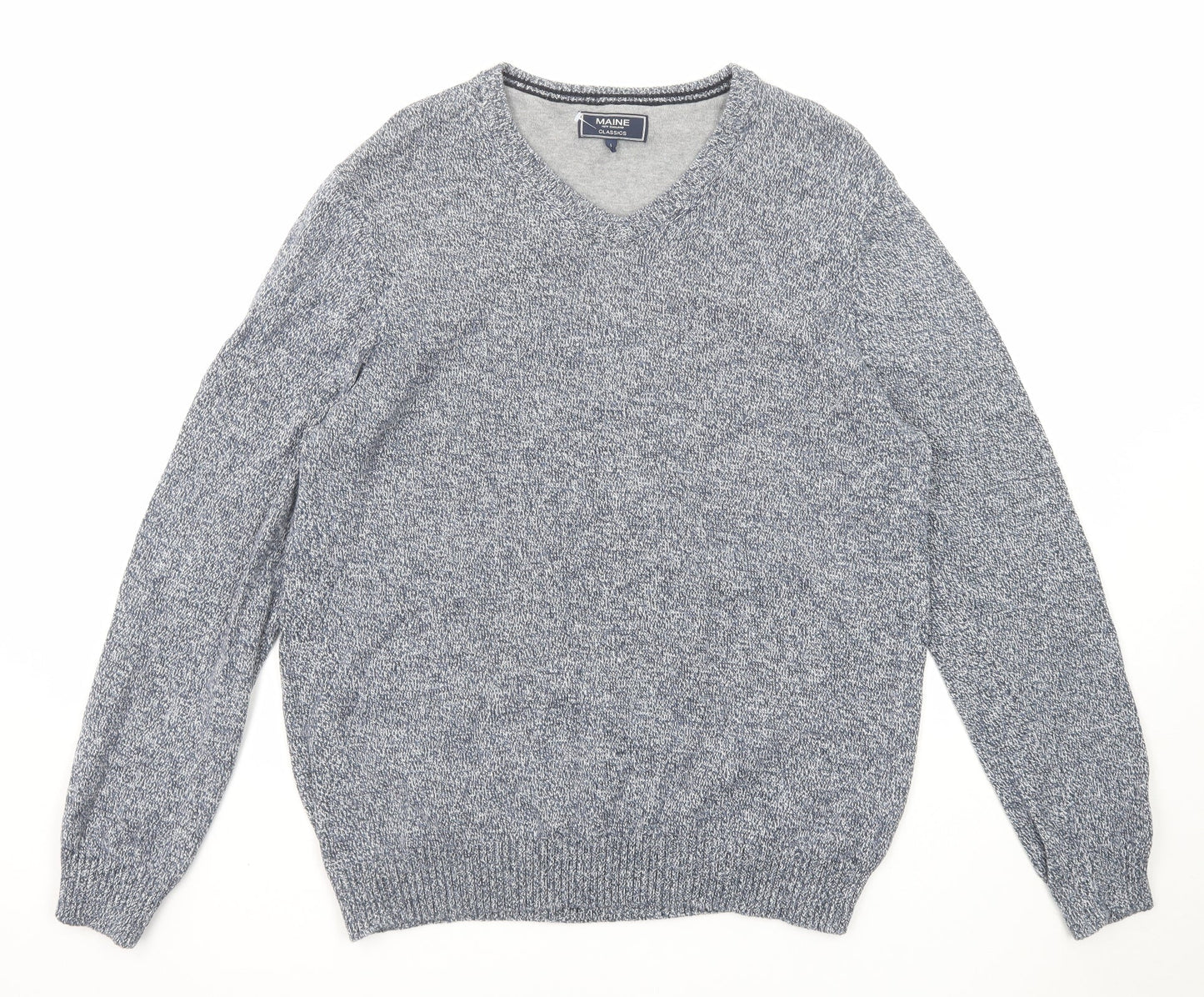 Maine New England Mens Blue V-Neck Cotton Pullover Jumper Size L Long Sleeve