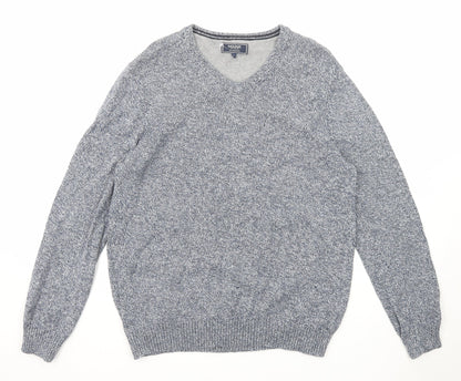 Maine New England Mens Blue V-Neck Cotton Pullover Jumper Size L Long Sleeve