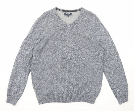 Maine New England Mens Blue V-Neck Cotton Pullover Jumper Size L Long Sleeve