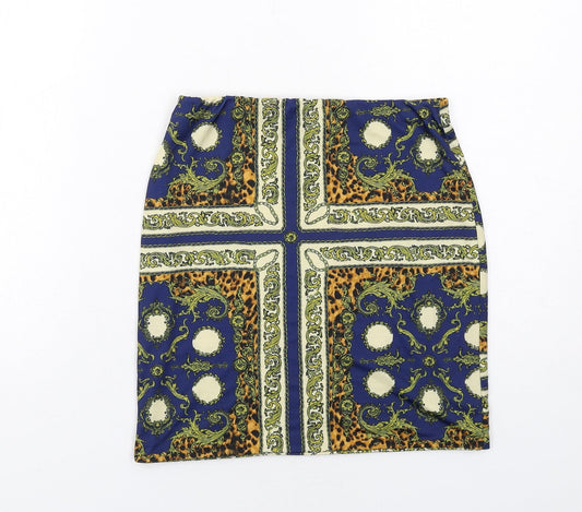 Missguided Womens Blue Geometric Polyester A-Line Skirt Size 8