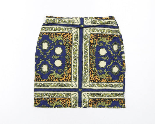 Missguided Womens Blue Geometric Polyester A-Line Skirt Size 8