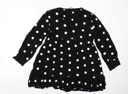 Zara Womens Black Polka Dot Viscose Skater Dress Size M V-Neck Pullover