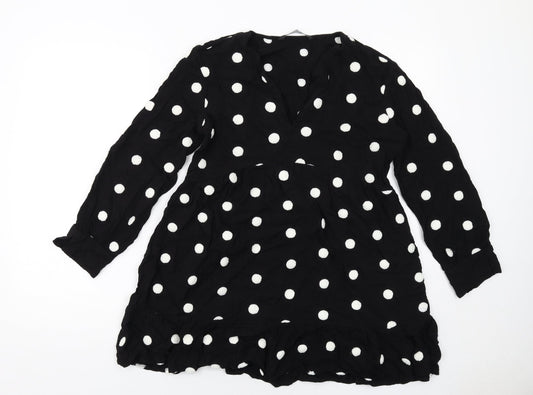 Zara Womens Black Polka Dot Viscose Skater Dress Size M V-Neck Pullover