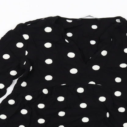 Zara Womens Black Polka Dot Viscose Skater Dress Size M V-Neck Pullover