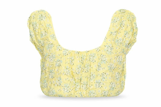 Front view of ASOS women’s yellow floral cotton cropped tank, size UK 10, round neck