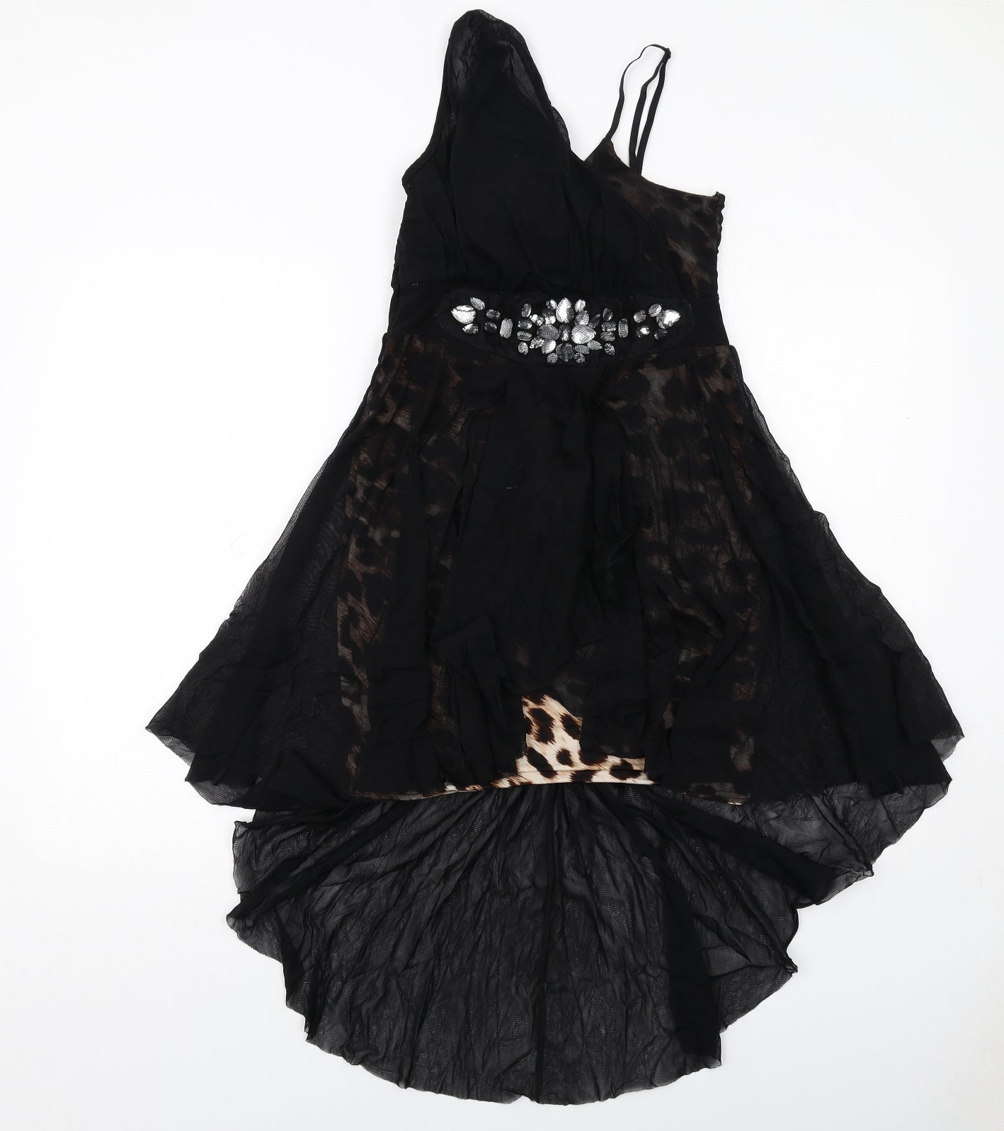 Progress Womens Black Animal Print Polyester Trapeze & Swing Size M V-Neck Pullover - Leopard Pattern Sheer Overlay