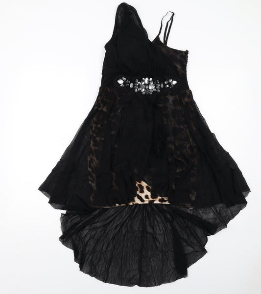 Progress Womens Black Animal Print Polyester Trapeze & Swing Size M V-Neck Pullover - Leopard Pattern Sheer Overlay