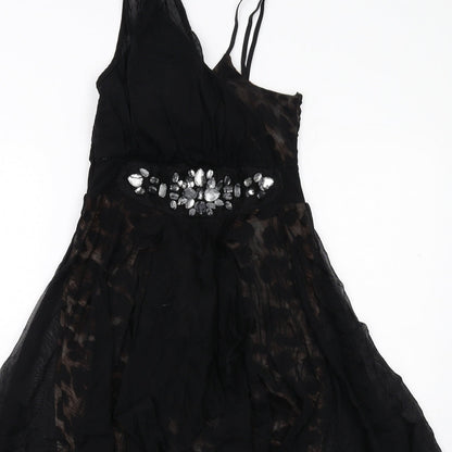 Progress Womens Black Animal Print Polyester Trapeze & Swing Size M V-Neck Pullover - Leopard Pattern Sheer Overlay