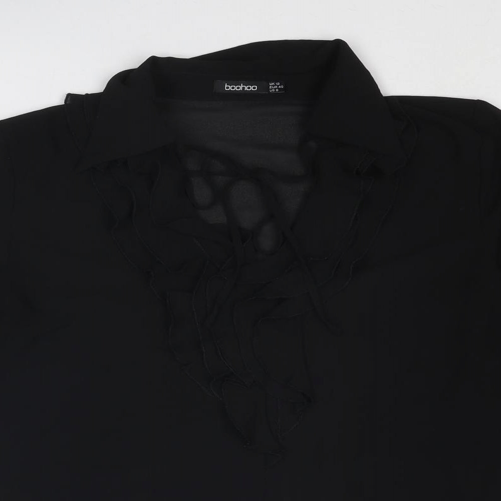 Boohoo Womens Black Polyester Basic Blouse Size 12 V-Neck