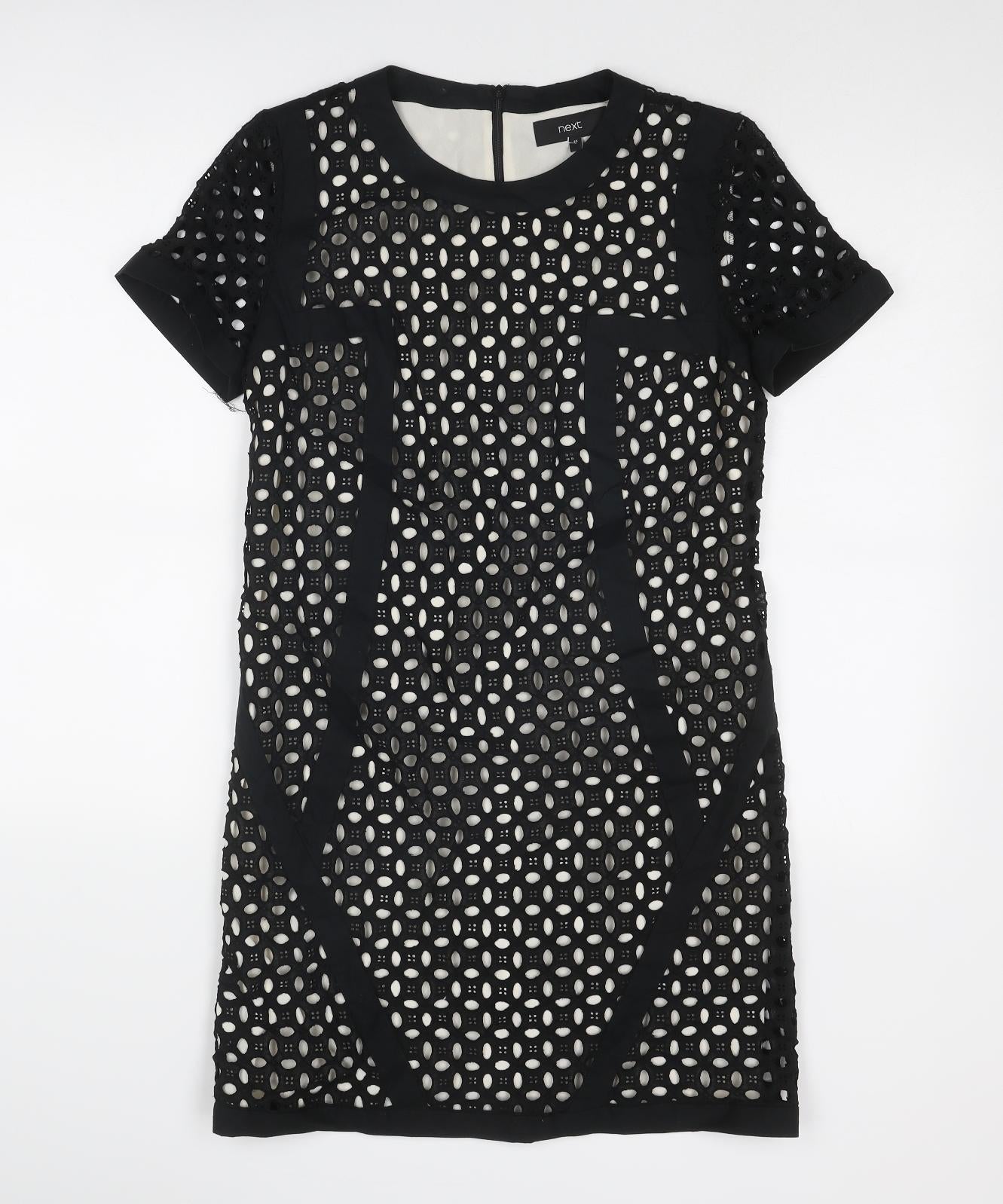 NEXT Womens Black Geometric Cotton A-Line Size 10 Round Neck Zip