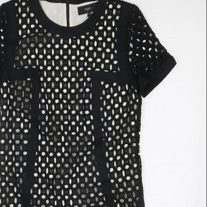 NEXT Womens Black Geometric Cotton A-Line Size 10 Round Neck Zip