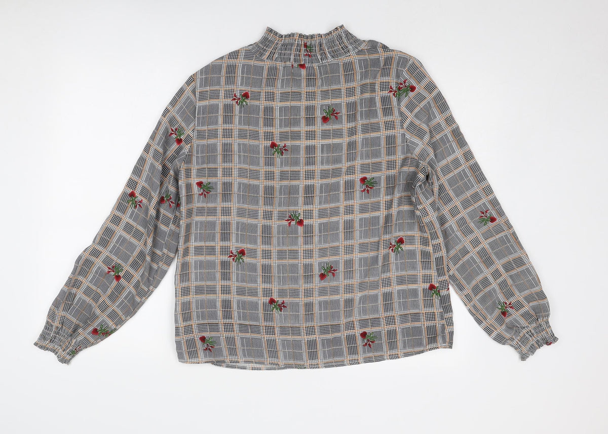 Franesa Womens Grey Check Polyester Basic Blouse Size M High Neck