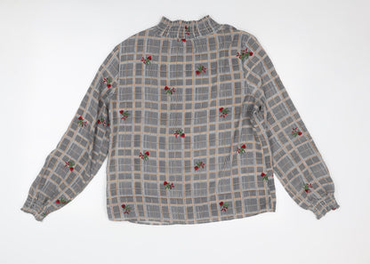 Franesa Womens Grey Check Polyester Basic Blouse Size M High Neck