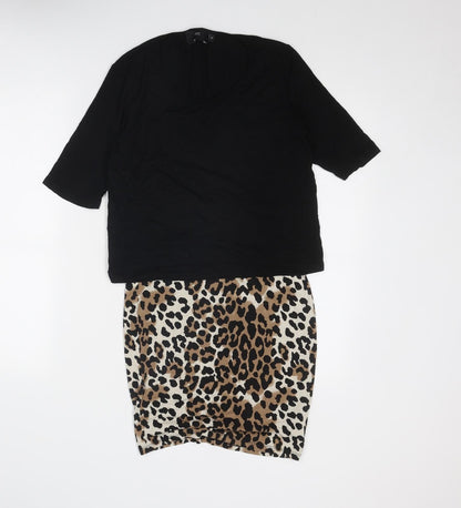 NEXT Womens Black Animal Print Viscose A-Line Size 10 Boat Neck Zip - Leopard Pattern