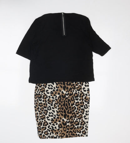 NEXT Womens Black Animal Print Viscose A-Line Size 10 Boat Neck Zip - Leopard Pattern