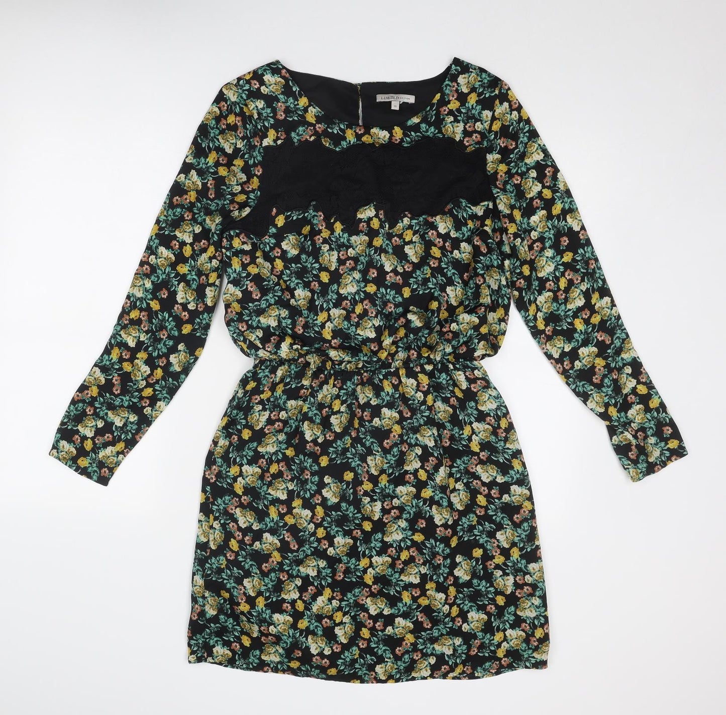 Limited Edition Womens Black Floral Polyester A-Line Size 10 Round Neck Button