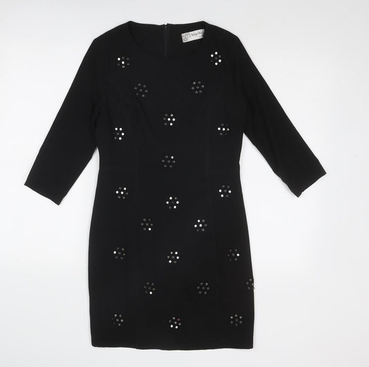 Voulez-Vous Womens Black Geometric Polyester A-Line Size 10 Round Neck Zip