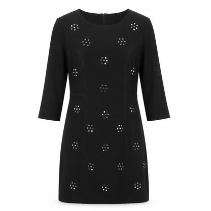 Voulez-Vous Womens Black Geometric Polyester A-Line Size 10 Round Neck Zip
